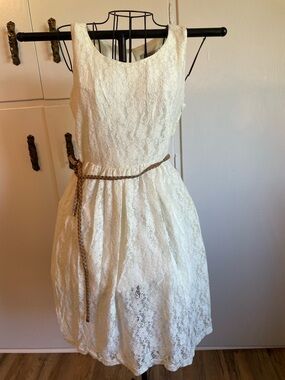 Romy Ivory Lace Midi Dress with Braided Tan Belt